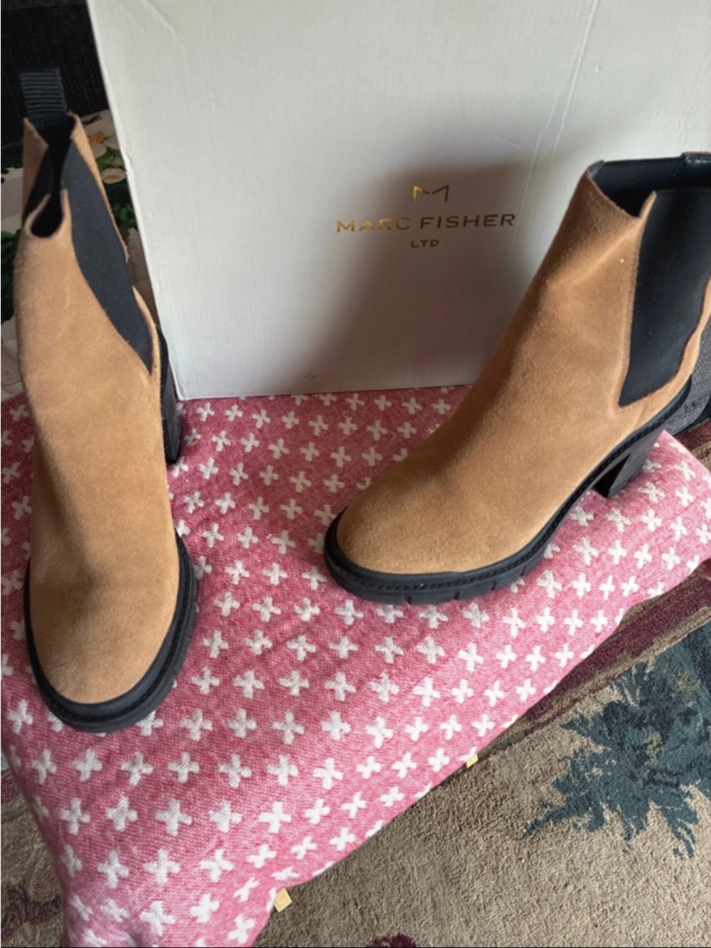 Marc Fisher Suede Chelsea Ankle Booties in Tan with Black Trim